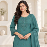 Mul Chanderi 3 Piece Kurta Set With Complete Embroidery Work And Mulcotton Duppata With Lace