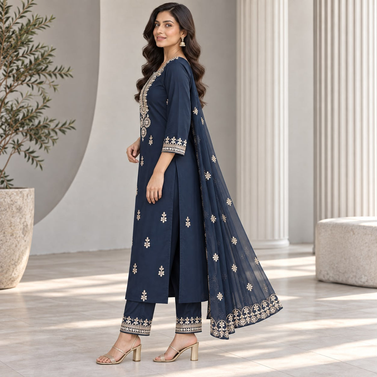 Premium Mul Chanderi 3 Piece Kurta Set With Gota Patti Work And Cut Work Duppata