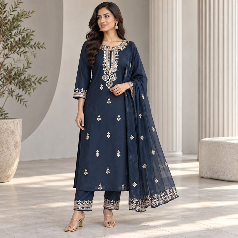 Premium Mul Chanderi 3 Piece Kurta Set With Gota Patti Work And Cut Work Duppata