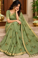 Art Silk Saree With Beautiful Embroidery All Over Saree