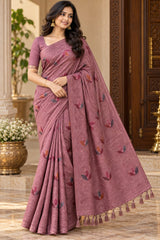 Art Silk Saree With Beautiful Embroidery All Over Saree